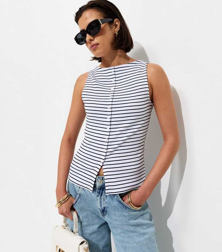 White Cotton Rich Stripe Pattern Button Through Tank Top