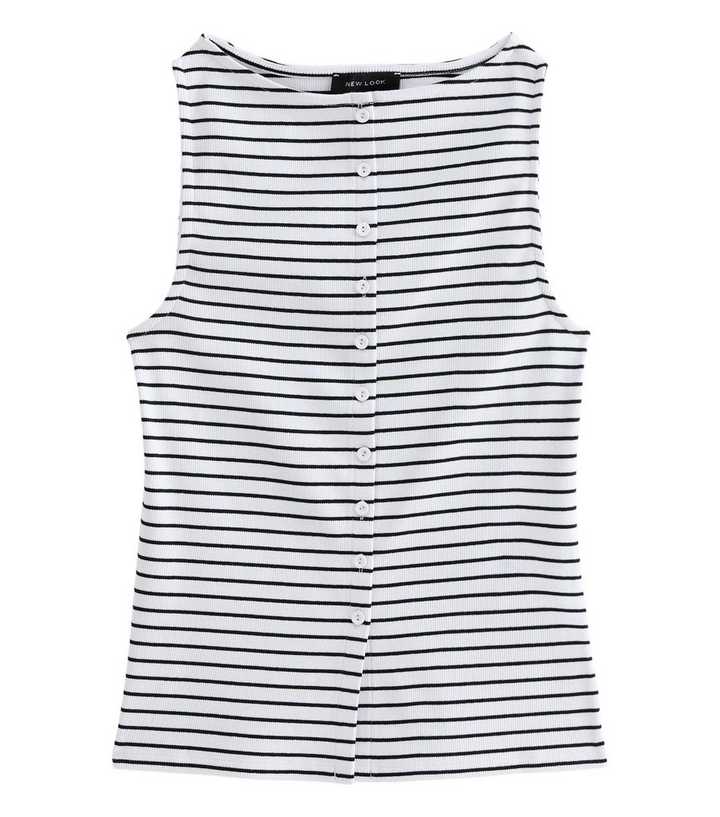 White Cotton Rich Stripe Pattern Button Through Tank Top