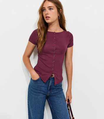 Dark Burgundy Cotton Rich Button Through Baby Tee T-Shirt