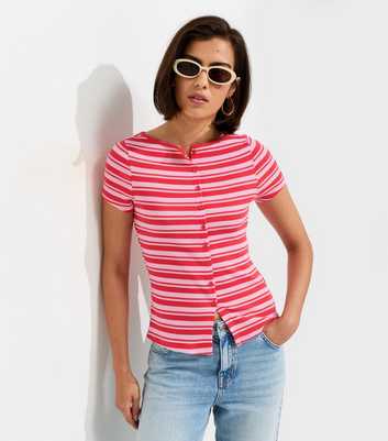 Pink Cotton Rich Striped Button Through Baby Tee T-Shirt