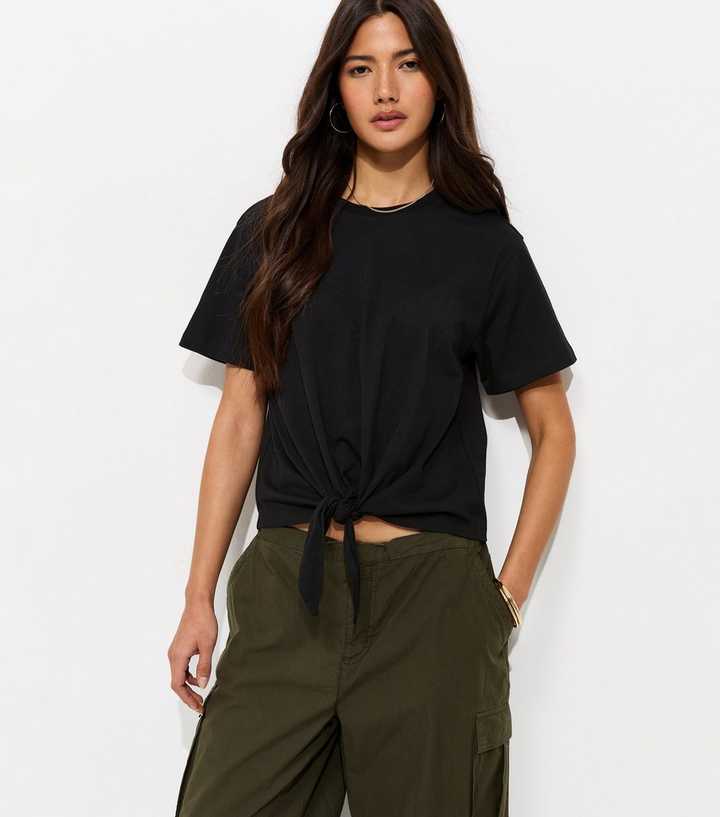 Black Cotton Tie Front T-Shirt