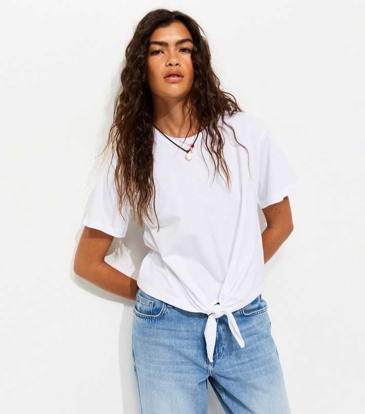 White Cotton Tie Front T-Shirt