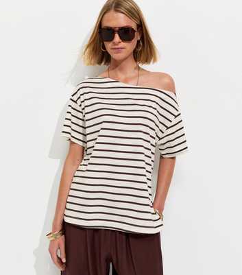 White Striped Cotton Off The Shoulder T-Shirt