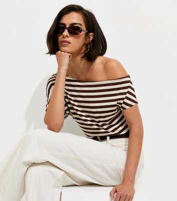 Brown Striped Off The Shoulder T-Shirt