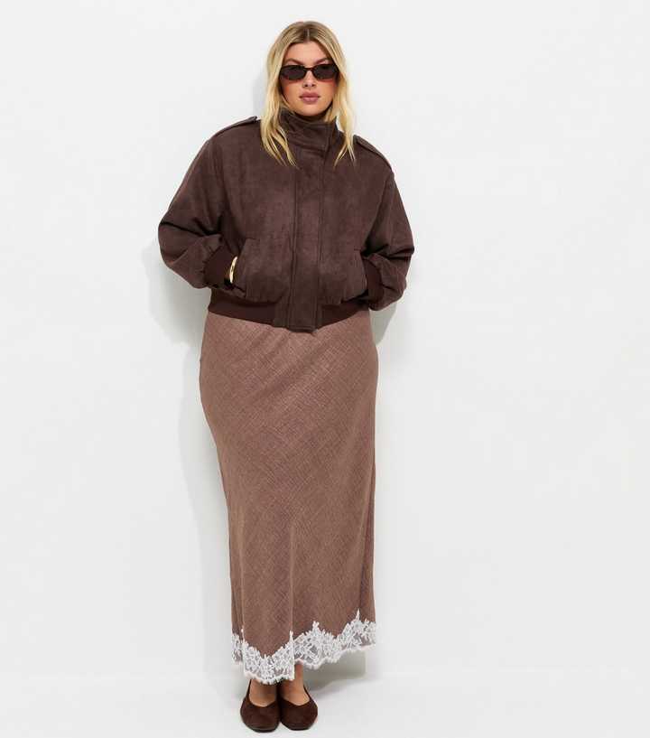 Curves Dark Brown Woven Lace Trim Midi Skirt