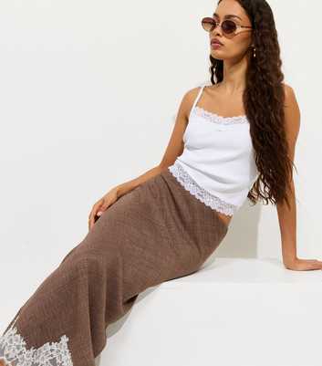 Petite Dark Brown Woven Lace Trim Midi Skirt