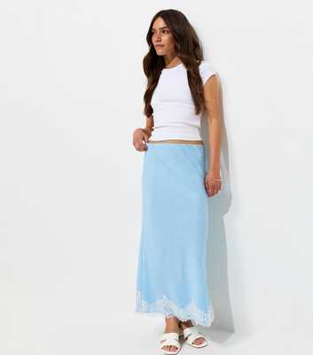 Petite Light Blue Woven Lace Trim Midi Skirt