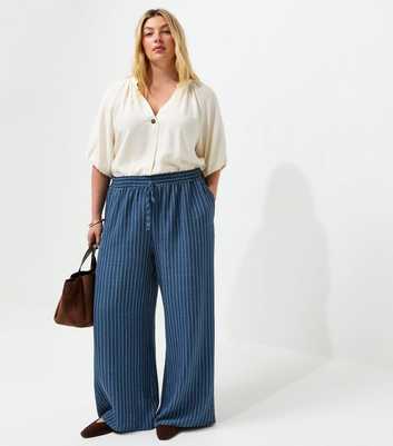 Curves Blue Woven Striped Wide Leg Trousers