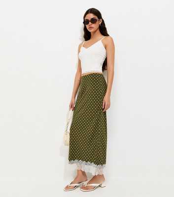 Green Polka Dot Lace Hem Midi Skirt