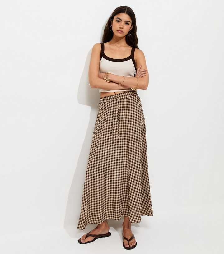 Brown Gingham Print Circle Maxi Skirt