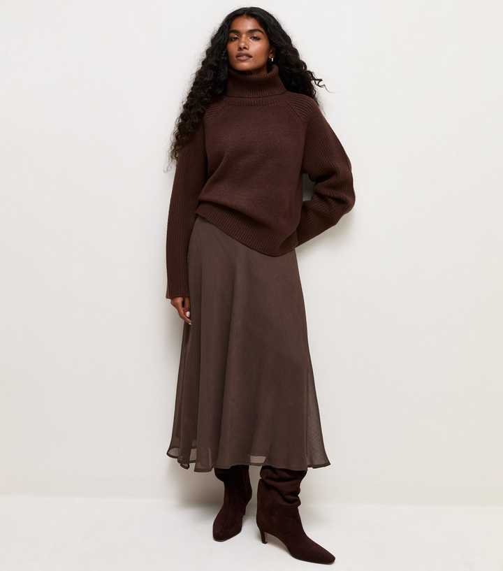 Petite Dark Brown Chiffon Circle Midi Skirt