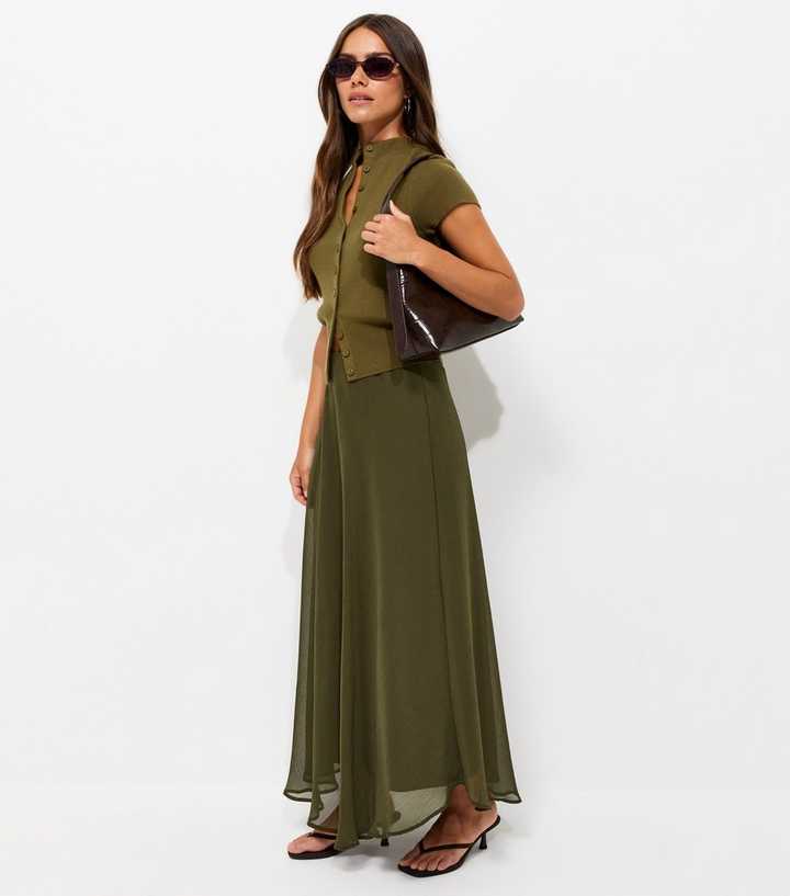 Petite Dark Khaki Chiffon Circle Skirt