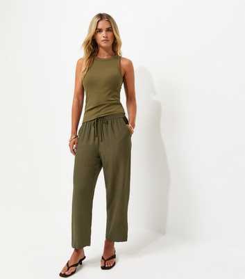 Petite Light Khaki Cropped Straight Leg Trousers