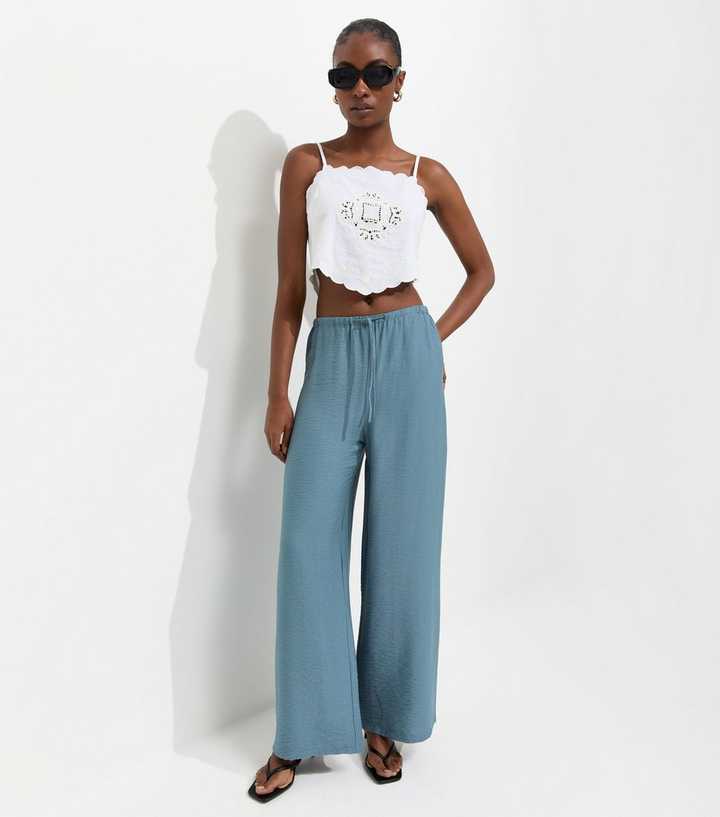 Light Blue Woven Drawstring Wide Leg Trousers