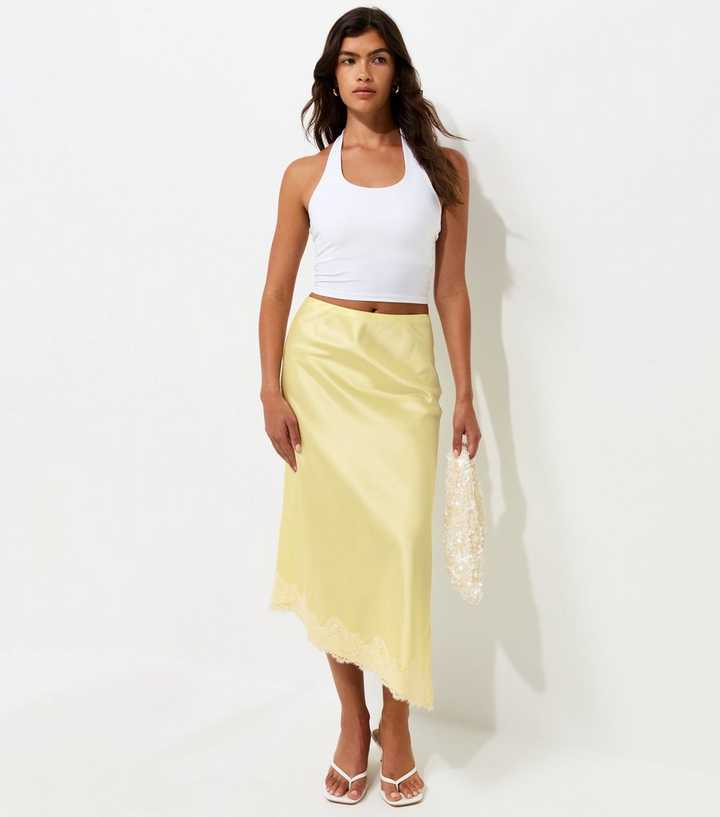 Light Yellow Satin Lace Asymmetric Midi Skirt