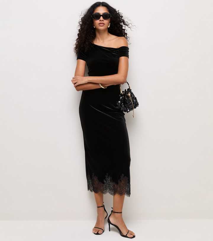 Black Velvet Lace Trim Midi Skirt