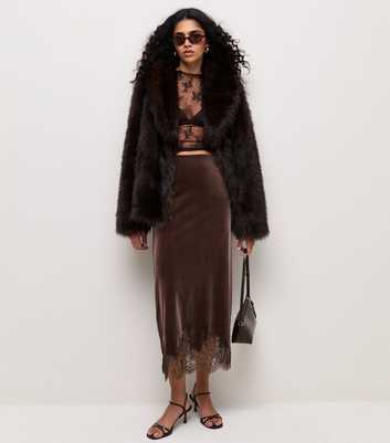 Dark Brown Velvet Lace Trim Midi Skirt
