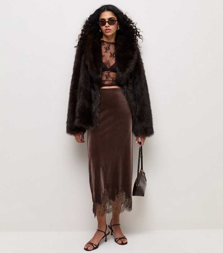Dark Brown Velvet Lace Trim Midi Skirt