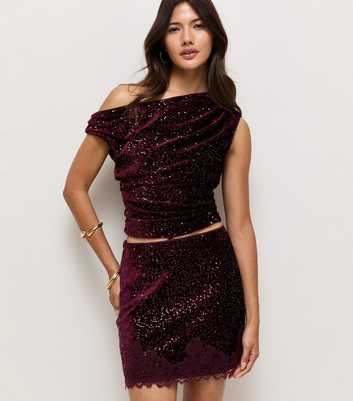 Dark Burgundy Velvet Sequin Lace Trim Mini Skirt