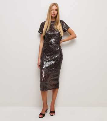Dark Brown Sequin Embellished Midi Skirt