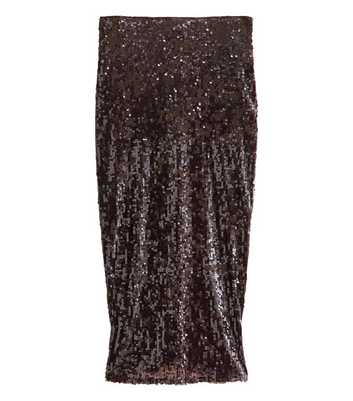 Dark Brown Sequin Embellished Midi Skirt