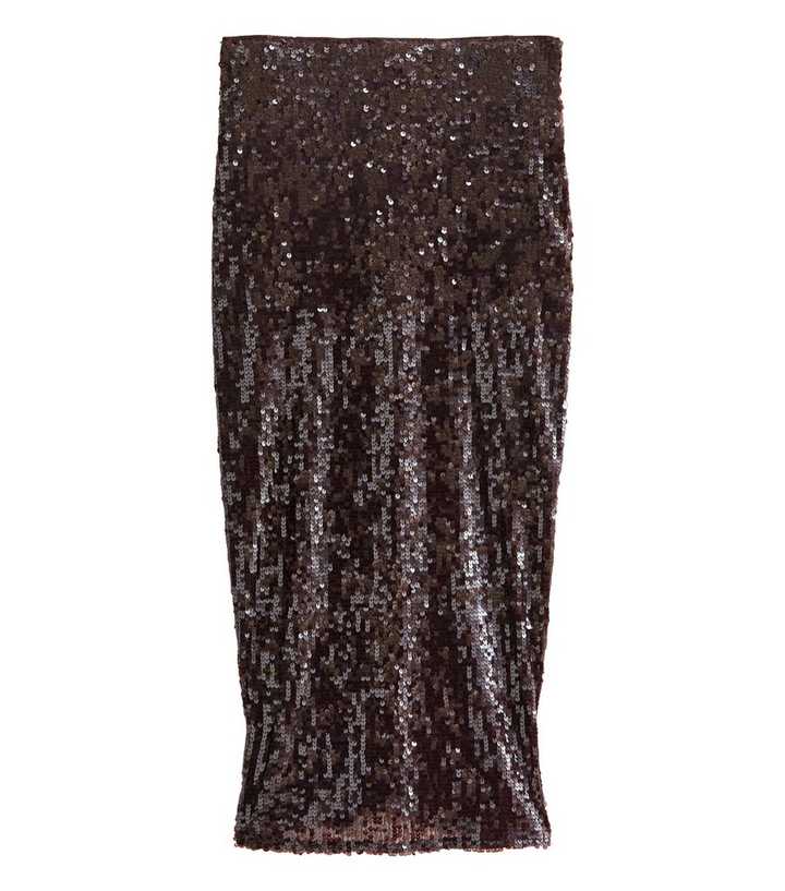 Dark Brown Sequin Embellished Midi Skirt