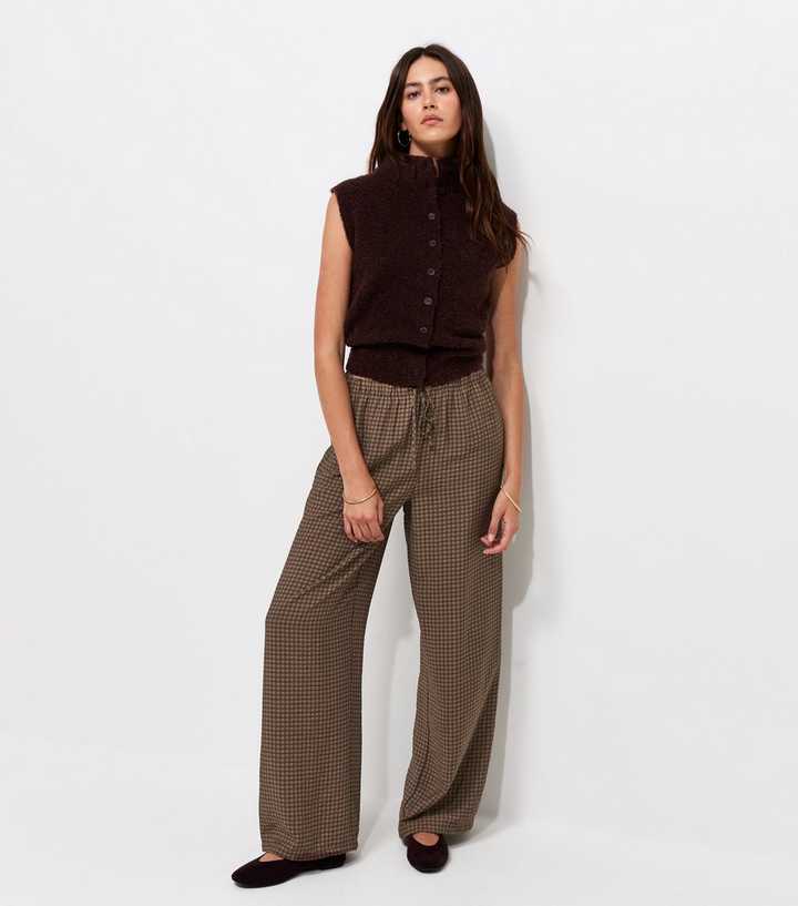 Brown Check Drawstring Wide Leg Trousers