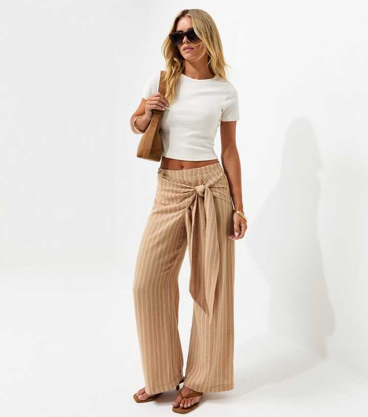Petite Camel Woven Striped Wrap Waist Wide Leg Trousers
