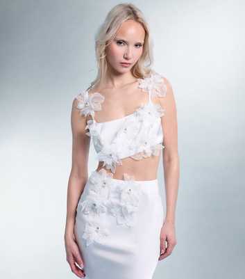 Public Desire White Floral Appliqué Tie Satin Top