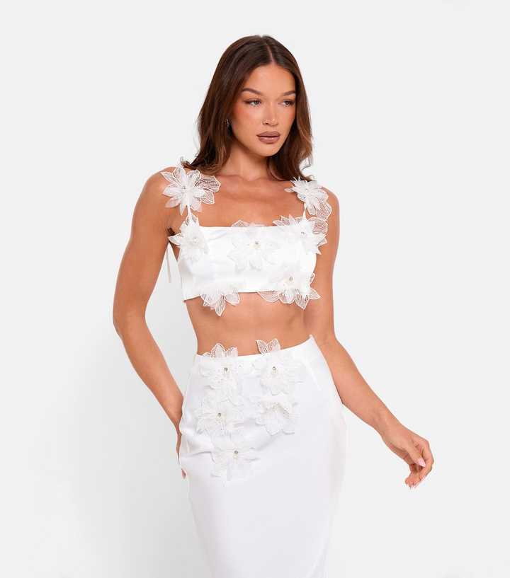 Public Desire White Floral Appliqué Tie Satin Top