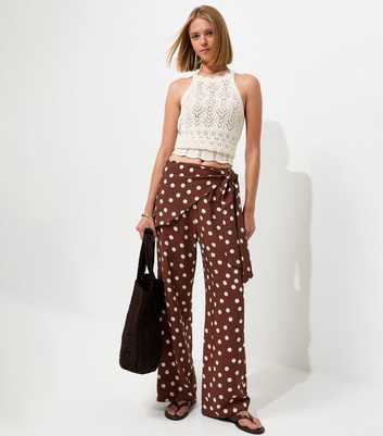 Brown Polka Dot Tie Waist Wide Leg Trousers