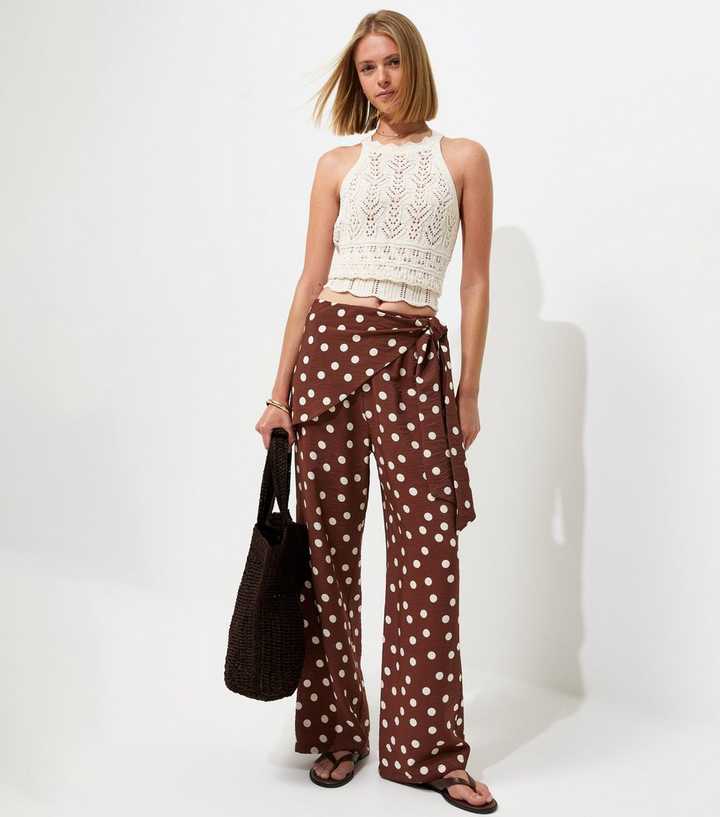 Brown Polka Dot Tie Waist Wide Leg Trousers
