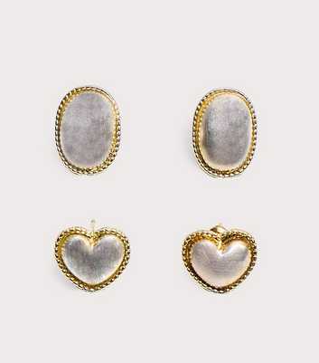 Public Desire Silver Tone Pack of 2 Oval and Heart Earrings