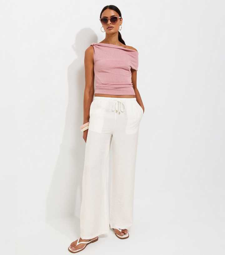 Cream Crinkle Texture Wide Leg Trousers