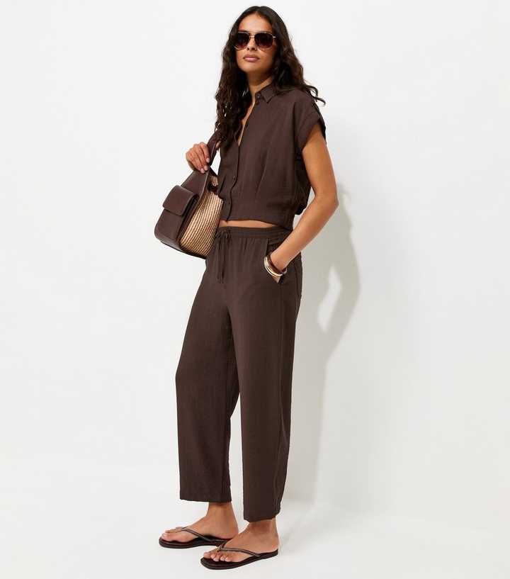 Dark Brown Woven Ankle Grazer Trousers