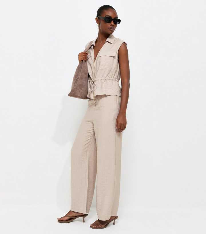 Stone Woven Drawstring Wide Leg Trousers