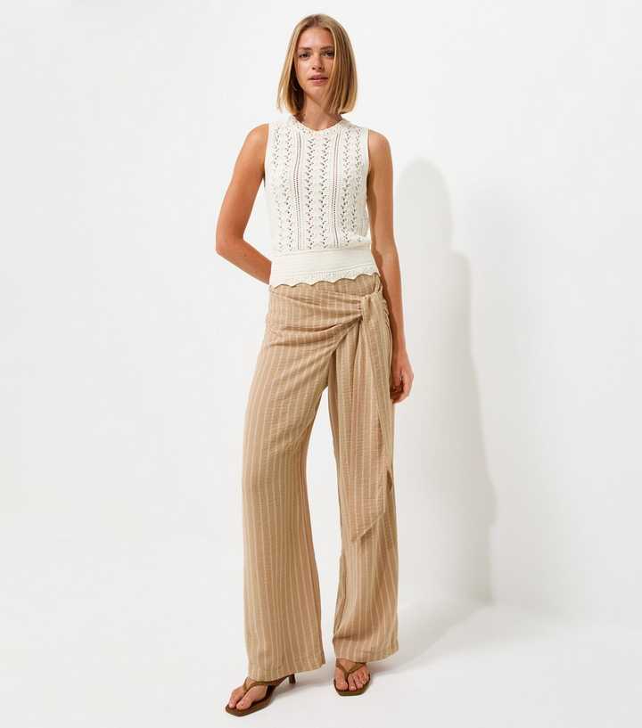 Camel Striped Wrap Front Wide Leg Trousers