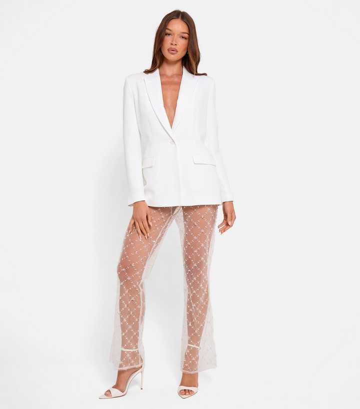 Public Desire White Sheer Embellished Flared Trousers