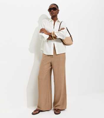 Camel Woven Striped Wide Leg Trousers