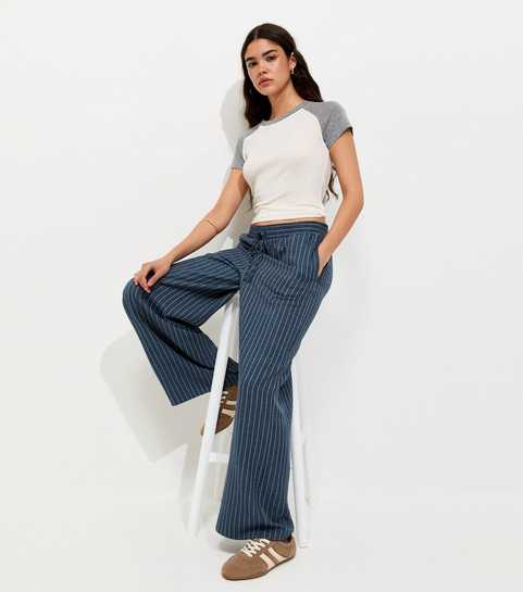 Dark Blue Woven Striped Wide Leg Trousers