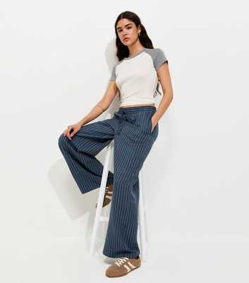 Dark Blue Woven Striped Wide Leg Trousers