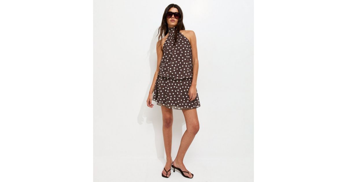 Brown Spot Print Halter Neck Mesh Mini Dress