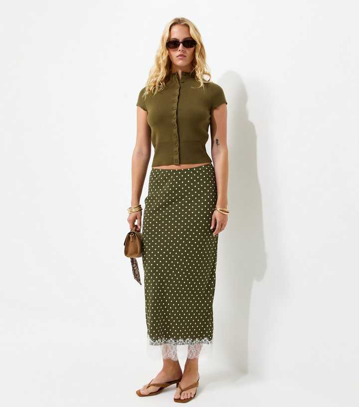 Tall Green Polka Dot Lace Hem Midi Skirt
