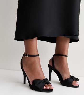 Black Satin Bow Front Stiletto Heel Sandals