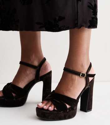 Dark Brown Velvet Knot Strap Platform Sandals