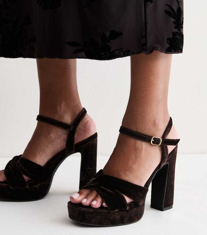 Dark Brown Velvet Knot Strap Platform Sandals