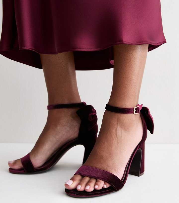 Wide Fit Dark Burgundy Velvet Bow Block Heel Sandals