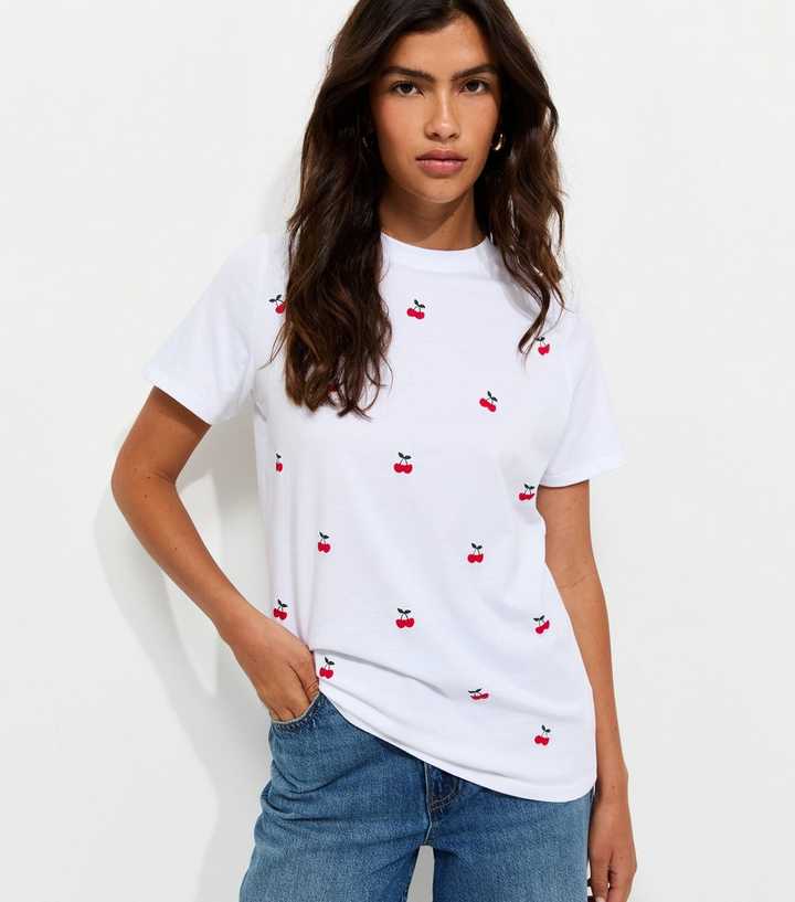 White Cotton Cherry Print Crew Neck T-Shirt