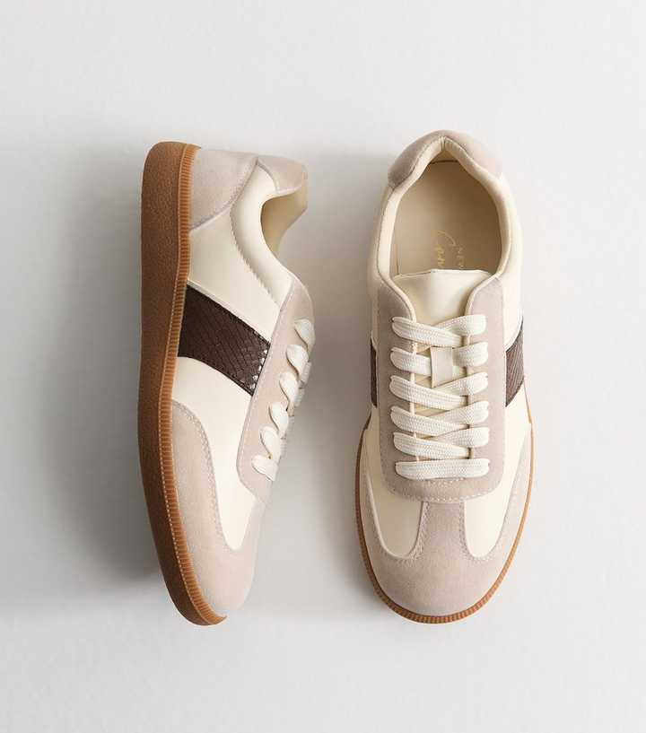 Brown Faux Leather Snake Embossed Panel Trainers