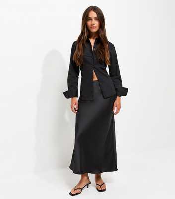 Petite Black Satin Bias Cut Midi Skirt
